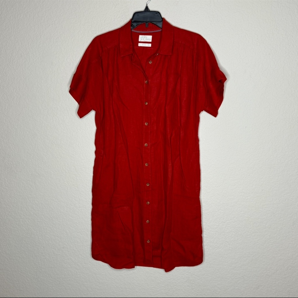 J. Crew Relaxed-Fit Linen Shirt Dress Size Small Orange Red Pockets Button Down - Picture 2 of 5